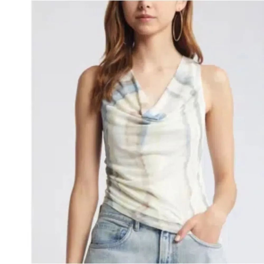 Open Edit Ivory Seafoam Swirl Cowl Neck Sleeveless Mesh Top Blouse XL